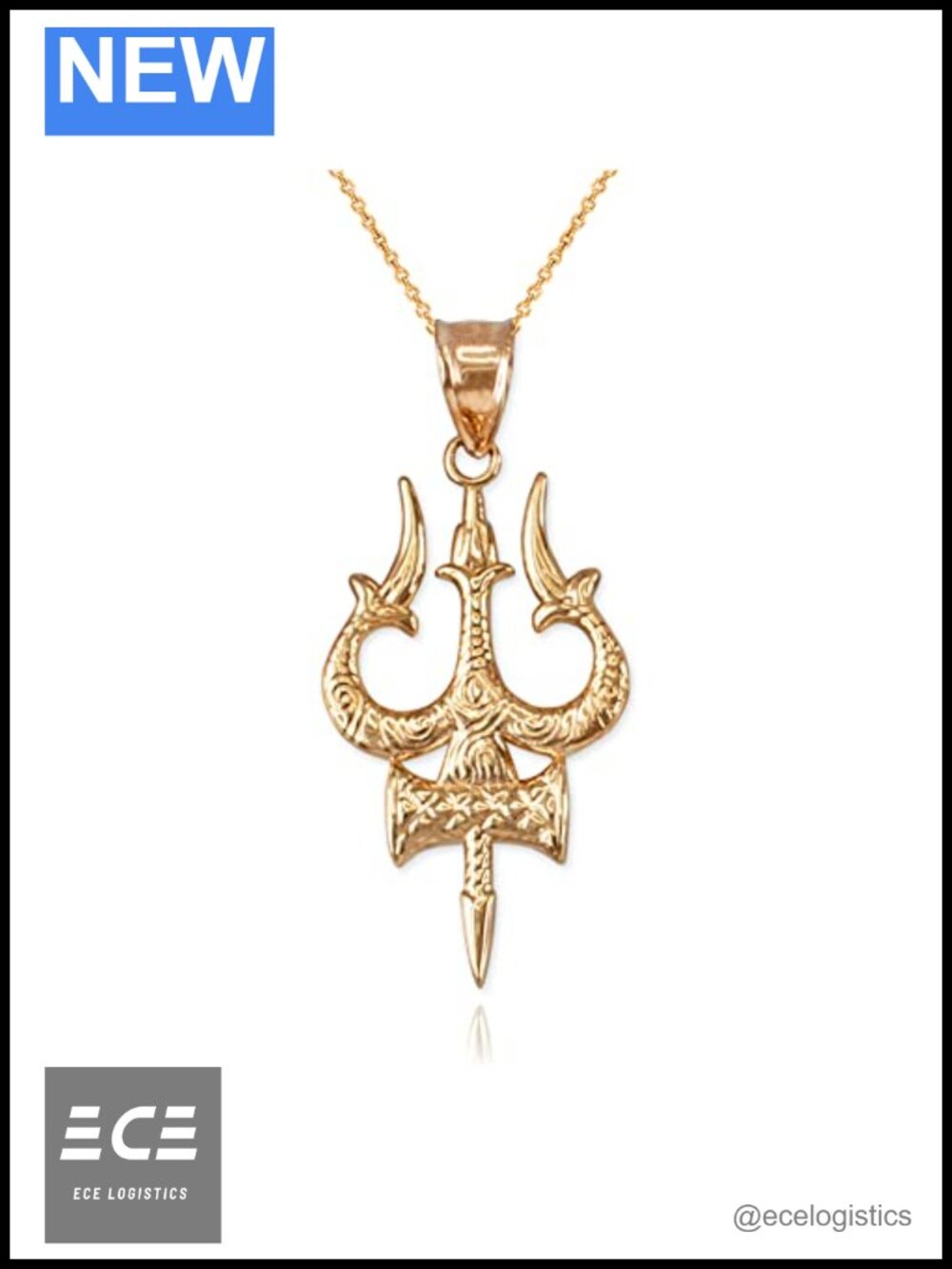 10K Yellow Gold Trident of Lord Shiva Trisula Pendant 18" Necklace